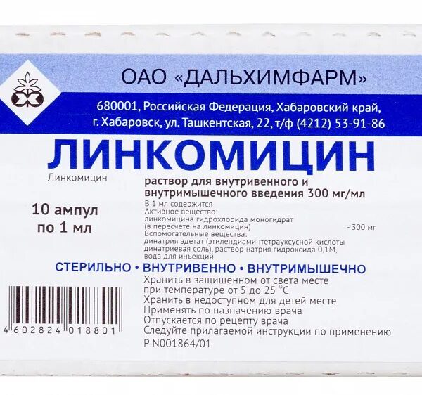 Линкомицин 300 мг/мл раствор для внутривенного и внутримышечного введения 1 мл ампулы 10 шт